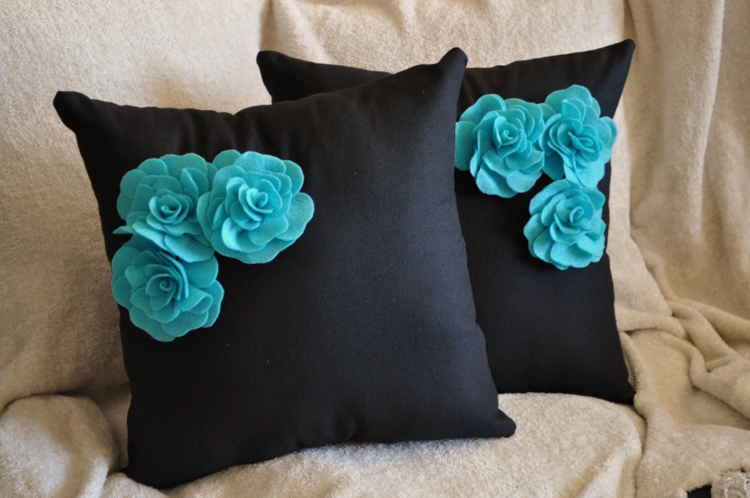 Two Decorative Pillows Turquoise Felt Rose Trio on Black Etsy