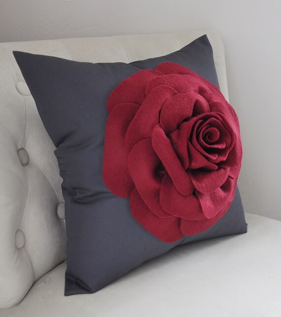 Gray Pillow Cover Dark Gray Charcoal Ruby Red Rose Pillow Grey Pillow Pillow Sham Throw Pillow Bedroom Living Room Dorm Flower