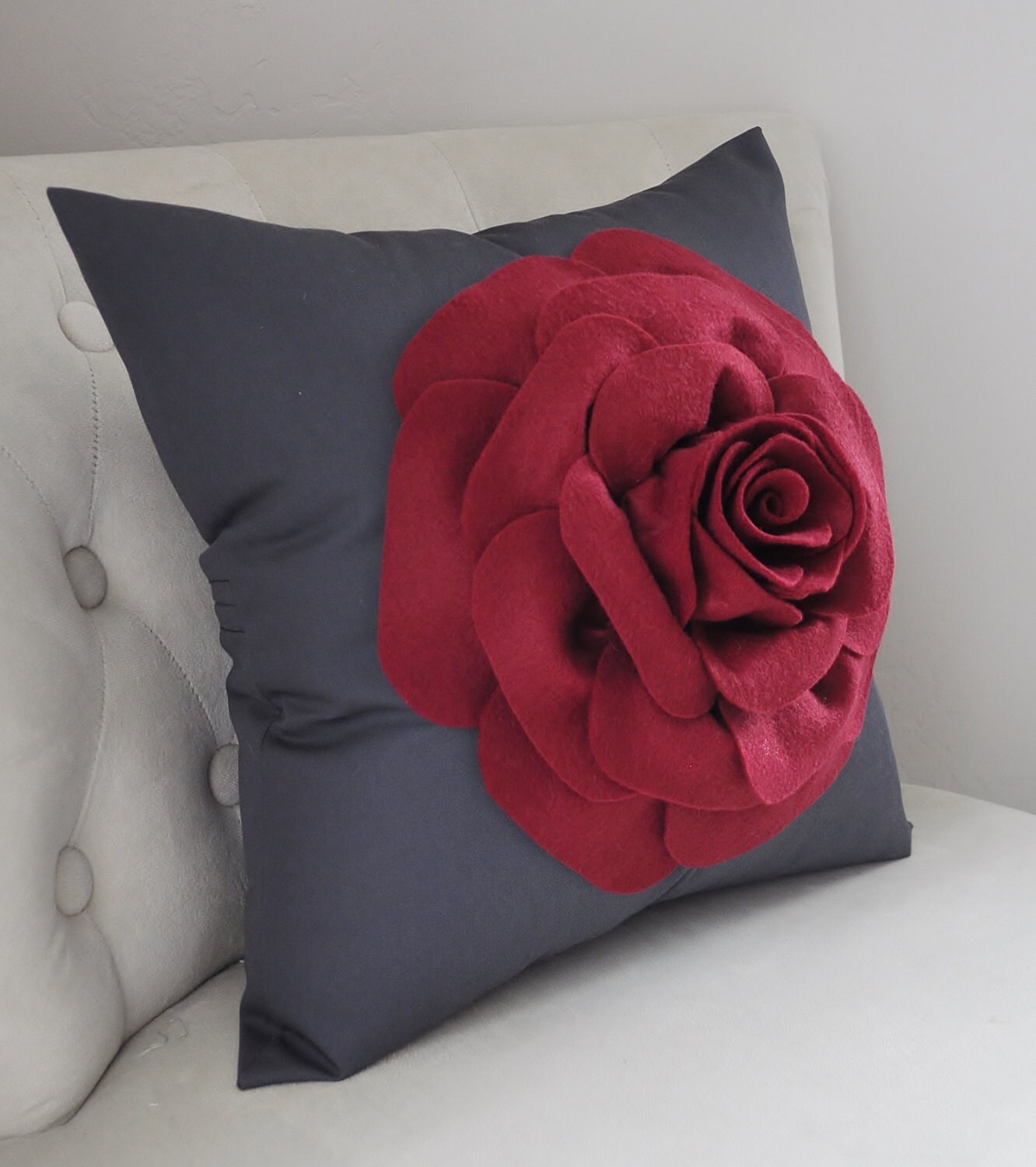 Gray Pillow Cover Dark Gray Charcoal Ruby Red Rose Pillow