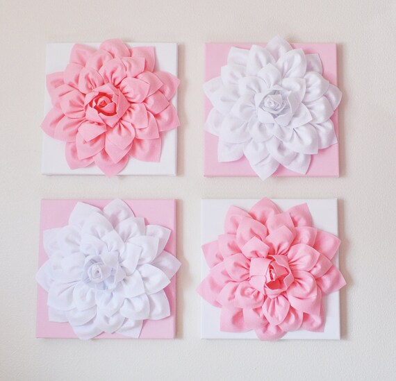 Nursery Wall Decor Set Of Four Light Pink And White Flower Hangings 12 X12 Canvases Art