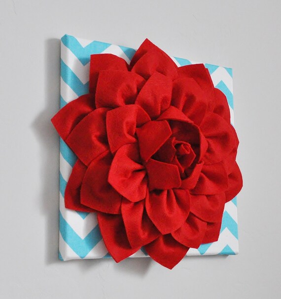 Items similar to Wall Flower Decor Red Dahlia on Aqua and White Chevron 12 x12" Canvas Wall Art