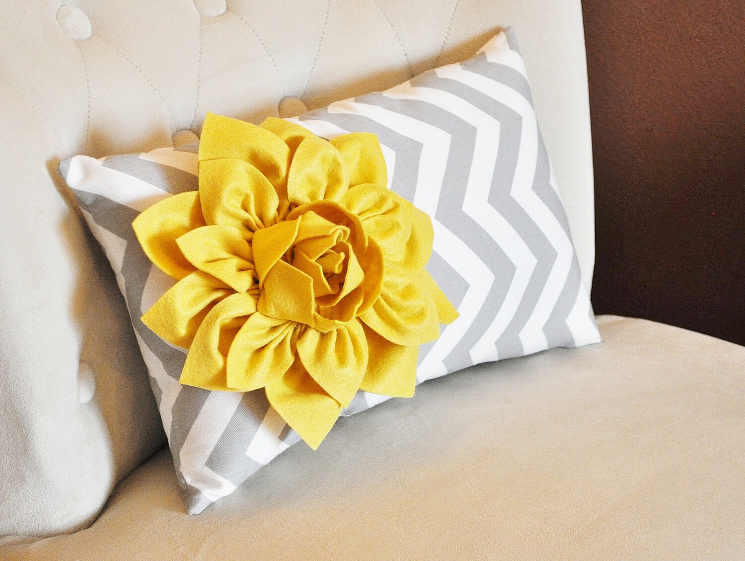 Chevron Lumbar Pillow Mellow Yellow Dahlia on Gray and White Etsy