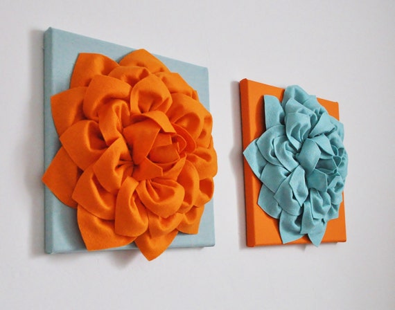 Art Orange Teal Blue Textured Artwork Fiber Art Orange Wall Art Flower Wall Art Nursery Modern Wall Decor Bathroom Decor Vintage Art