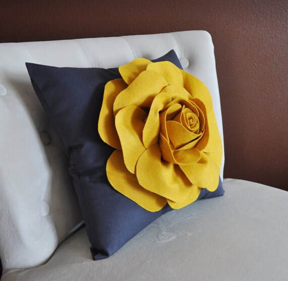 Rose Pillow Mustard Yellow on Grey 16 X 16 Etsy
