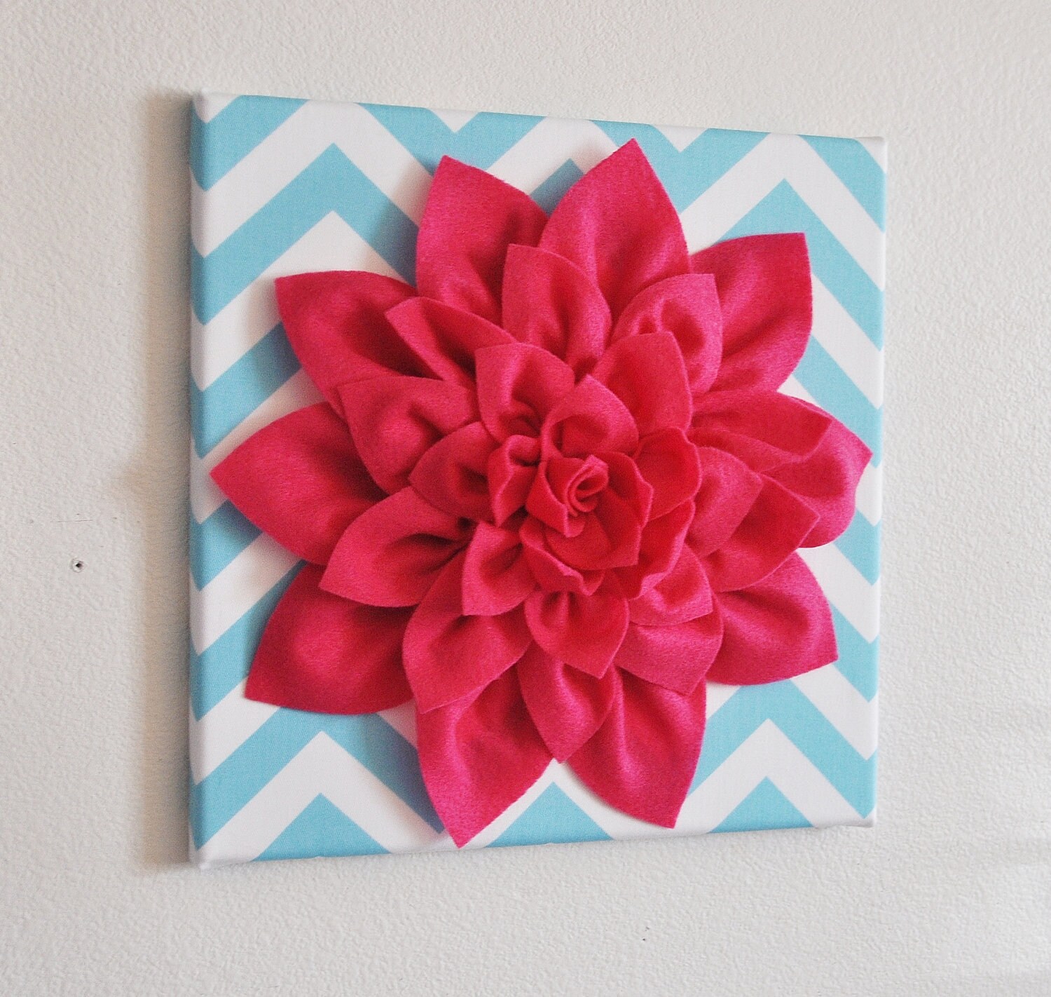 Wall Flower Hot Pink Dahlia on Aqua and White Chevron 12 Etsy