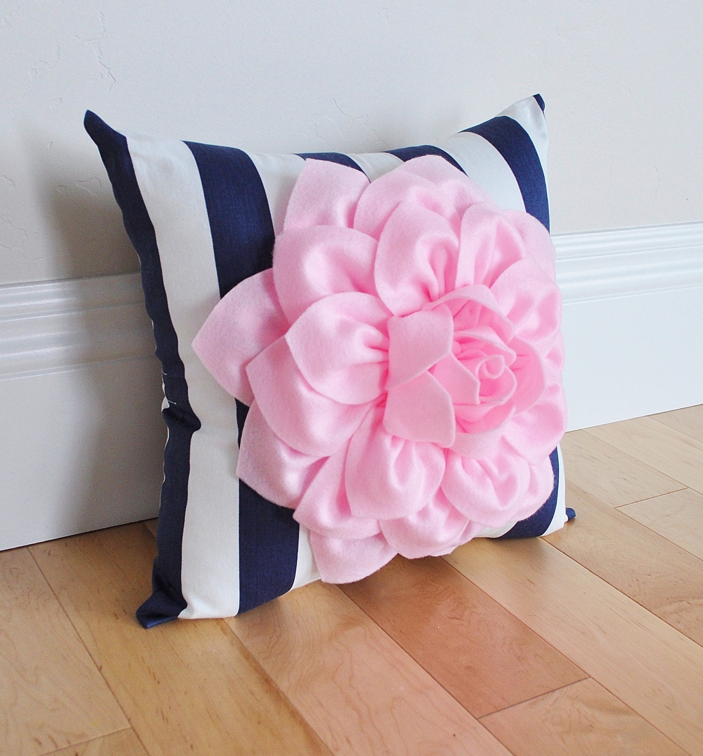 Baby Pink Flower Pillow Navy Stripe Pillow with Light Pink Etsy