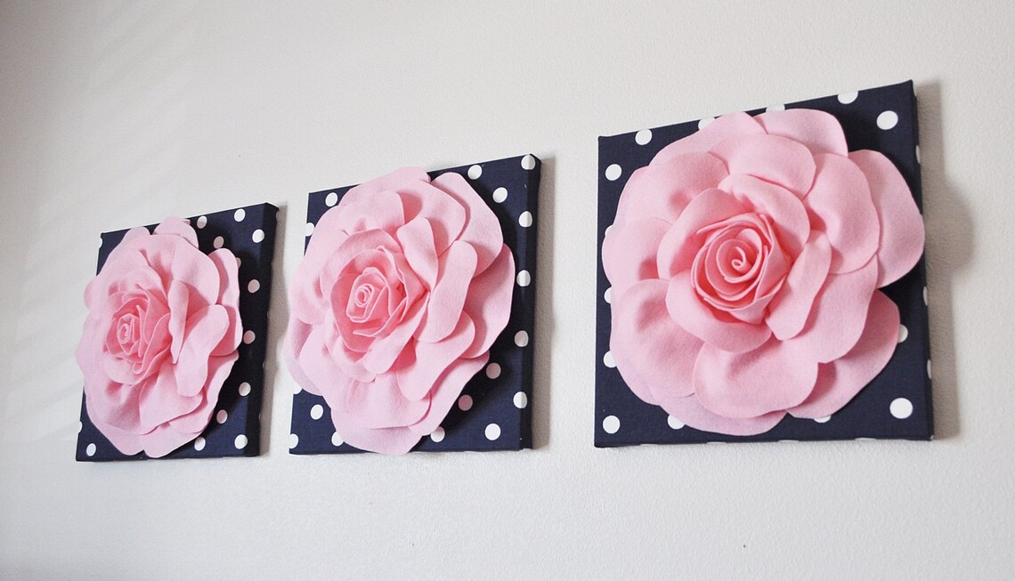 Wall Decor SET OF THREE Light Pink Roses on Navy and White Etsy