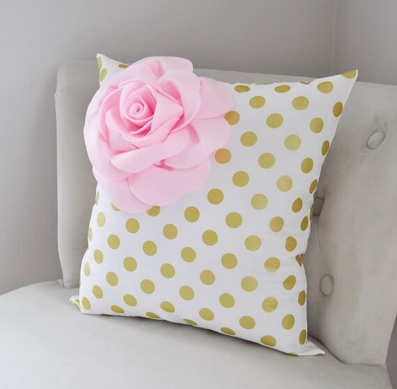 Hand Sewn Light Pink Corner Rose Pillow On Gold Polka Dot Etsy