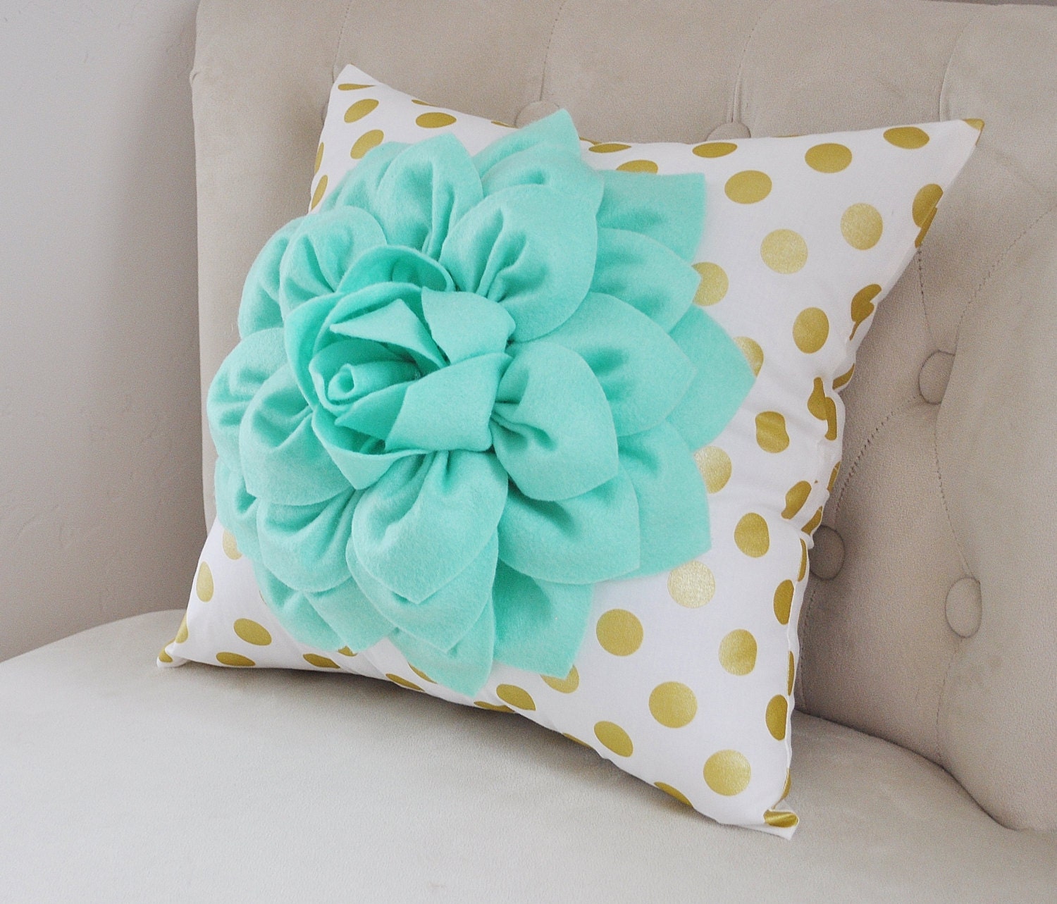 Gold Polka Dot Pillow with Mint Green Dahlia Flower Etsy