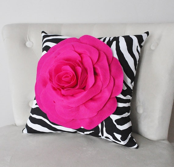 Hot Pink Rose on Zebra Throw Pillow 14x14 Home Decor Pillows