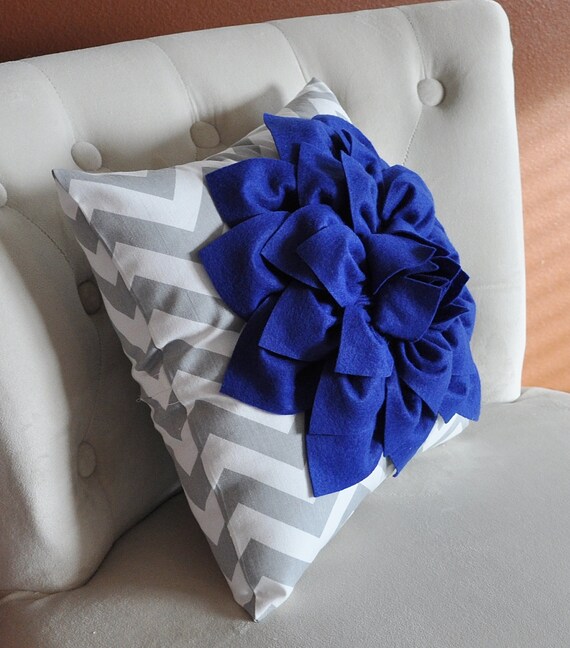 Items similar to Royal Blue Dahlia on Gray and White Zigzag Pillow