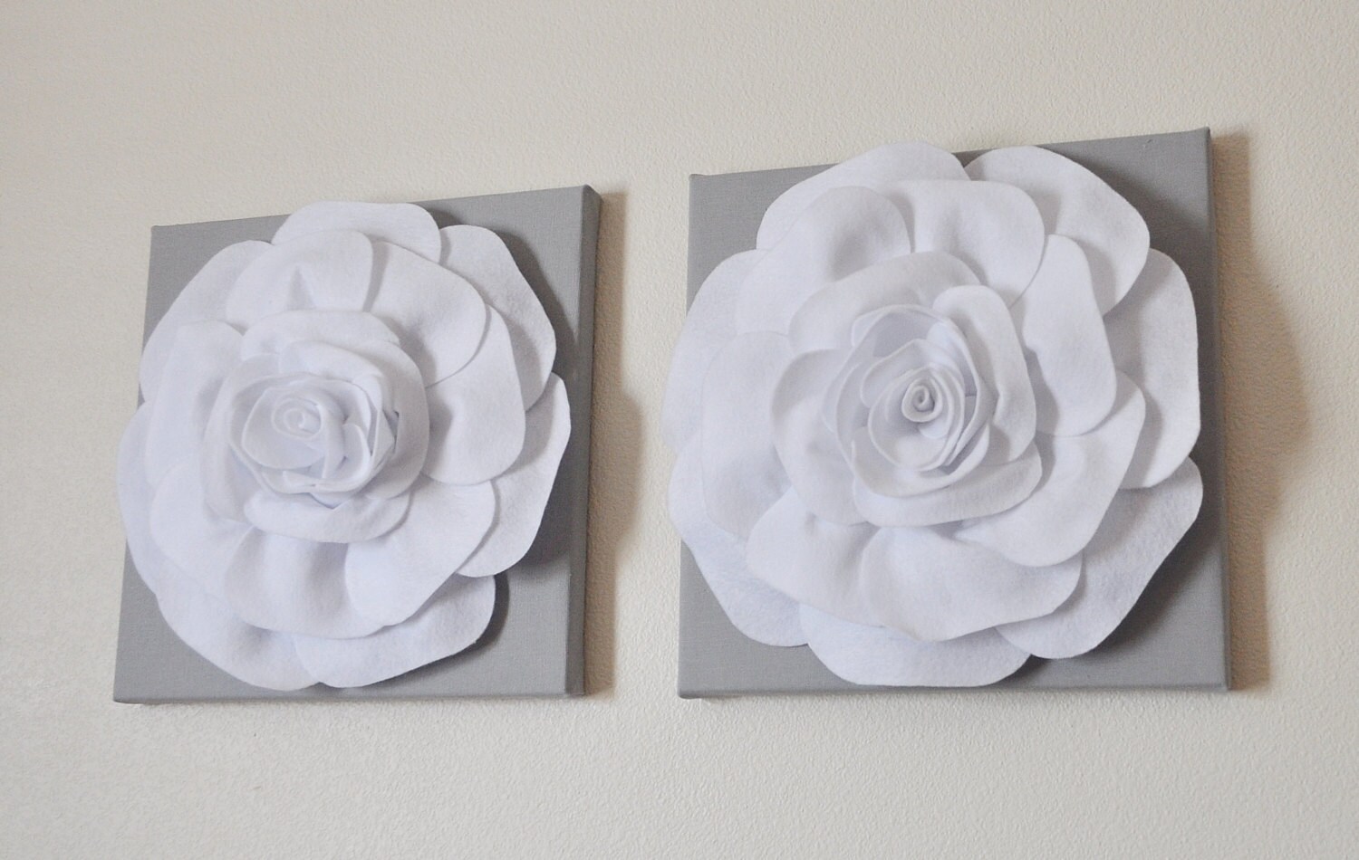 TWO Rose Wall Hangings White Rose on Solid Light Gray 12