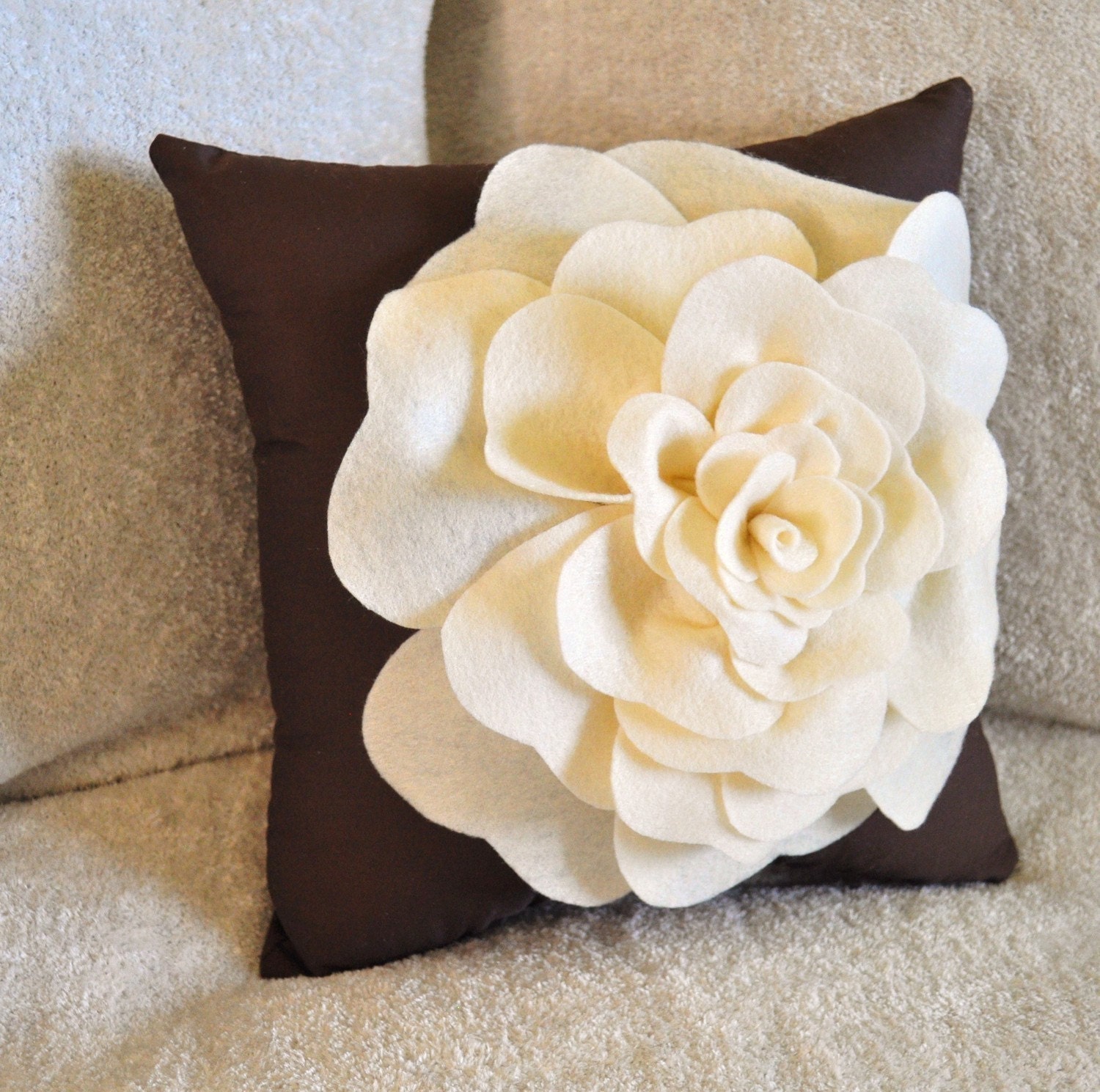 Cream and Brown Decorative Pillow Rose Pillow 14 x14 Etsy