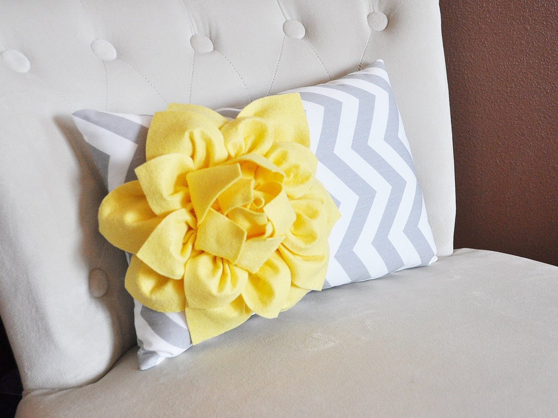 Decorative Lumbar Pillow Yellow Dahlia on Gray and White Zig Etsy