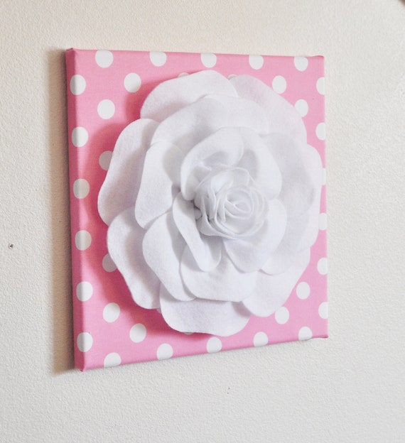 Nursery Wall Decor White Rose On Pink With White Polka Dot 12 X12 Canvas Wall Art Flower Wall Art