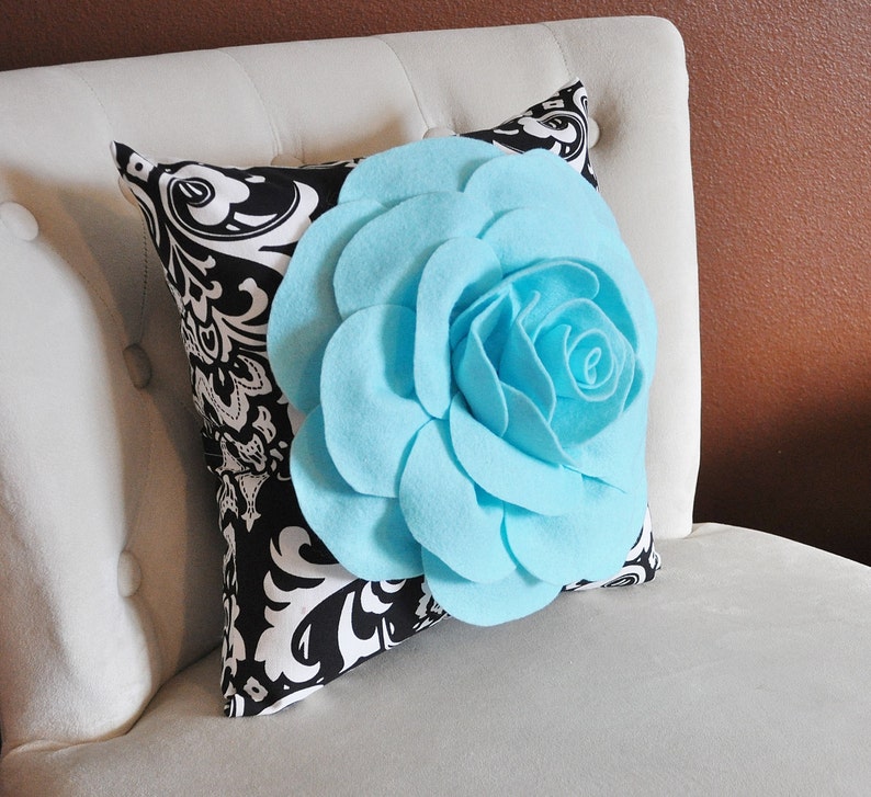 Decorative Pillows Aqua Blue Rose On Black And White Damask Etsy