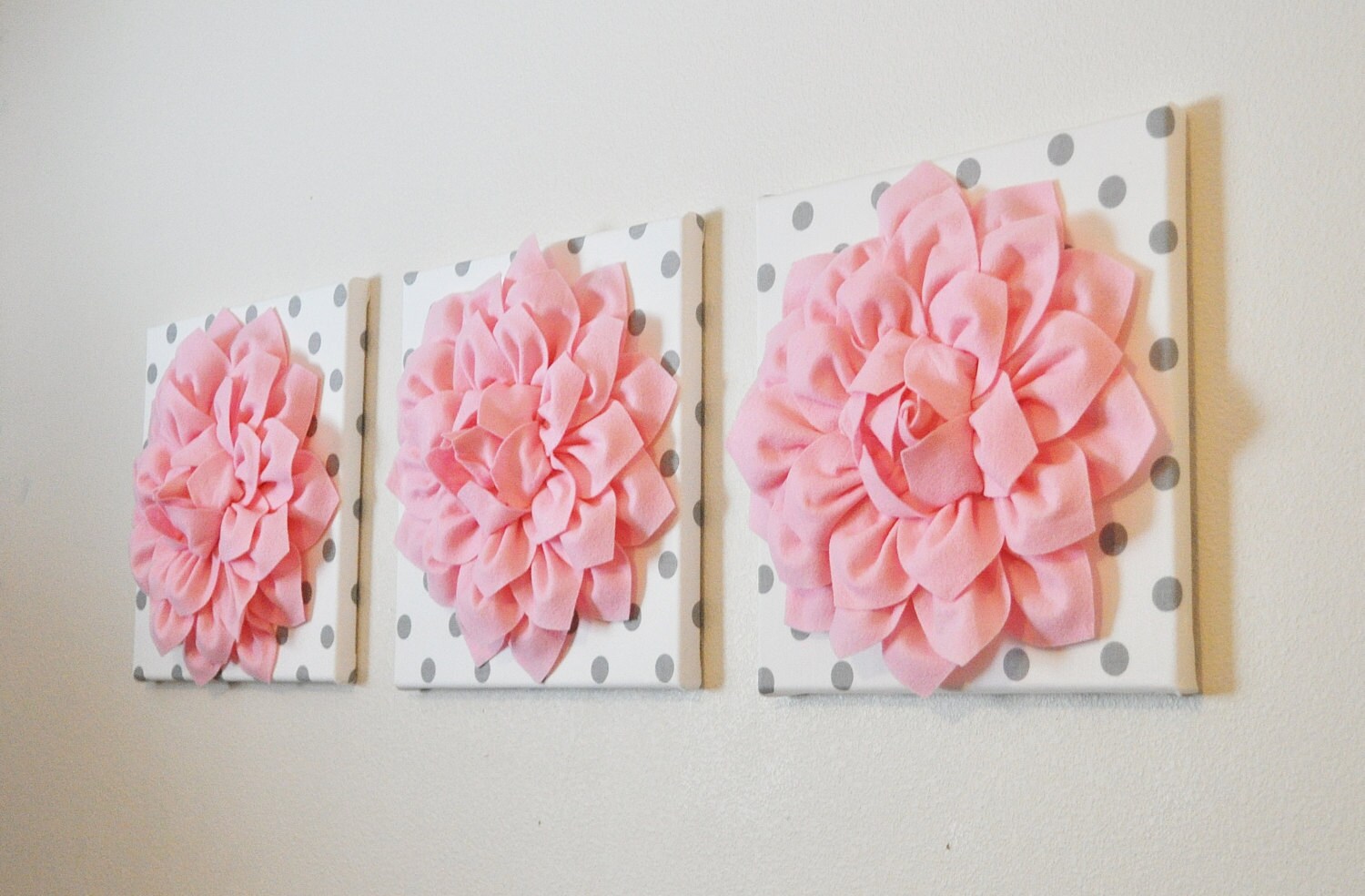 THREE Wall Flower Hangings Baby Pink Dahlias on White with