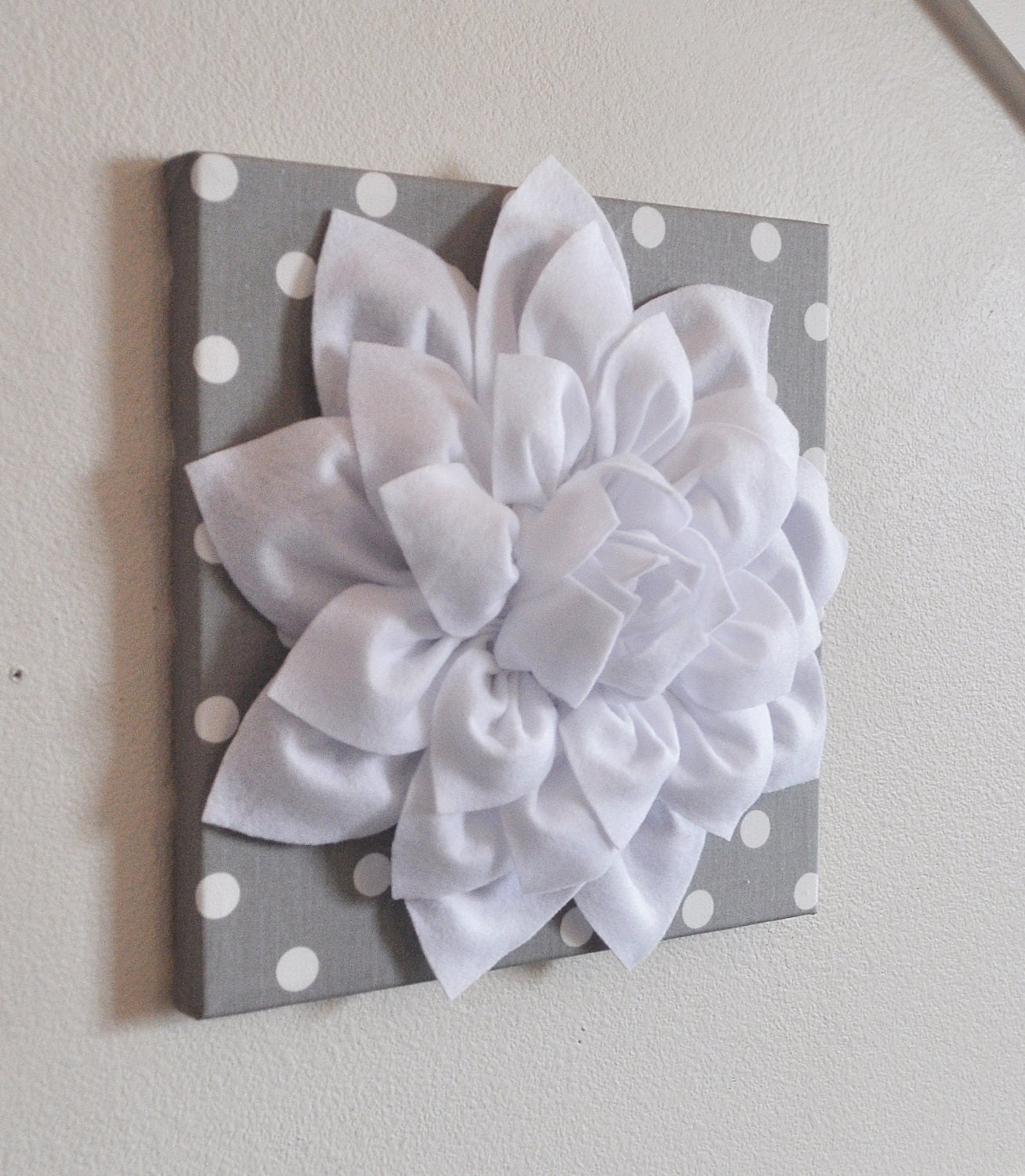 Flower Wall Decor White Dahlia on Gray and White Polka Dot 12 Etsy