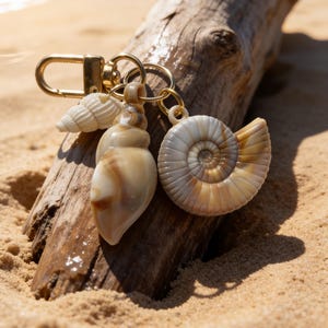 May include: A gold-coloured keyring with three seashell charms in different shapes and sizes. The charms are attached to a gold ring and clasp. The seashells are beige and brown, resting on a piece of driftwood on a sandy beach.