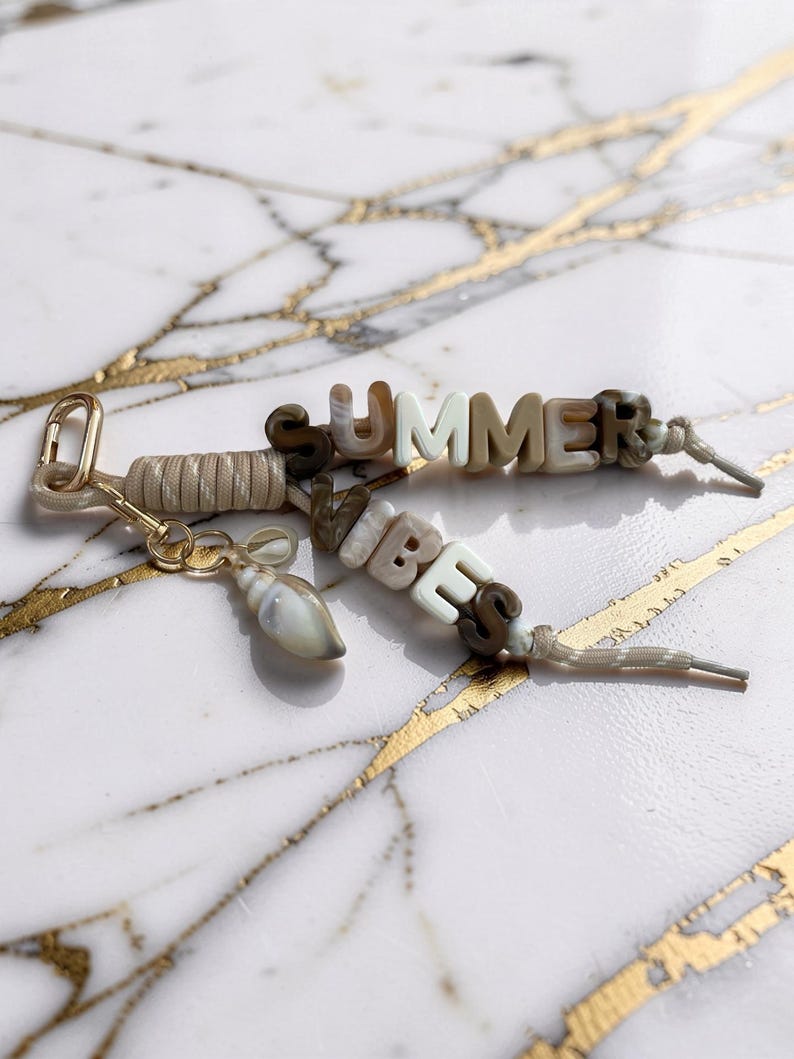 以下が含まれることがあります： 「SUMMER VIBES」の文字がニュートラルカラーの文字ビーズで綴られたビーズキーホルダー。小さな貝殻チャームとゴールドカラーの留め金が付いており、鍵やバッグに取り付けるのに最適です。