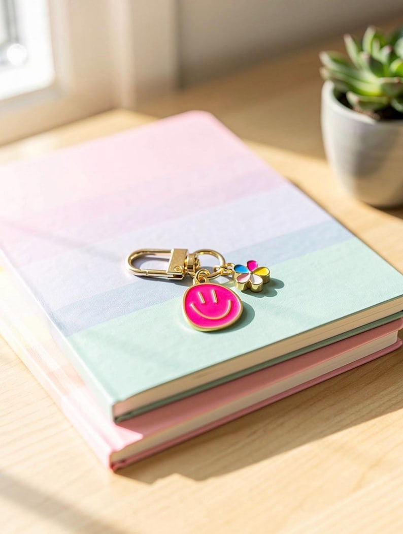 May include: A stack of pastel-colored notebooks with a gold keychain featuring a pink smiley face charm and a flower charm. The notebooks are pink, blue, and green, and rest on a wooden surface.