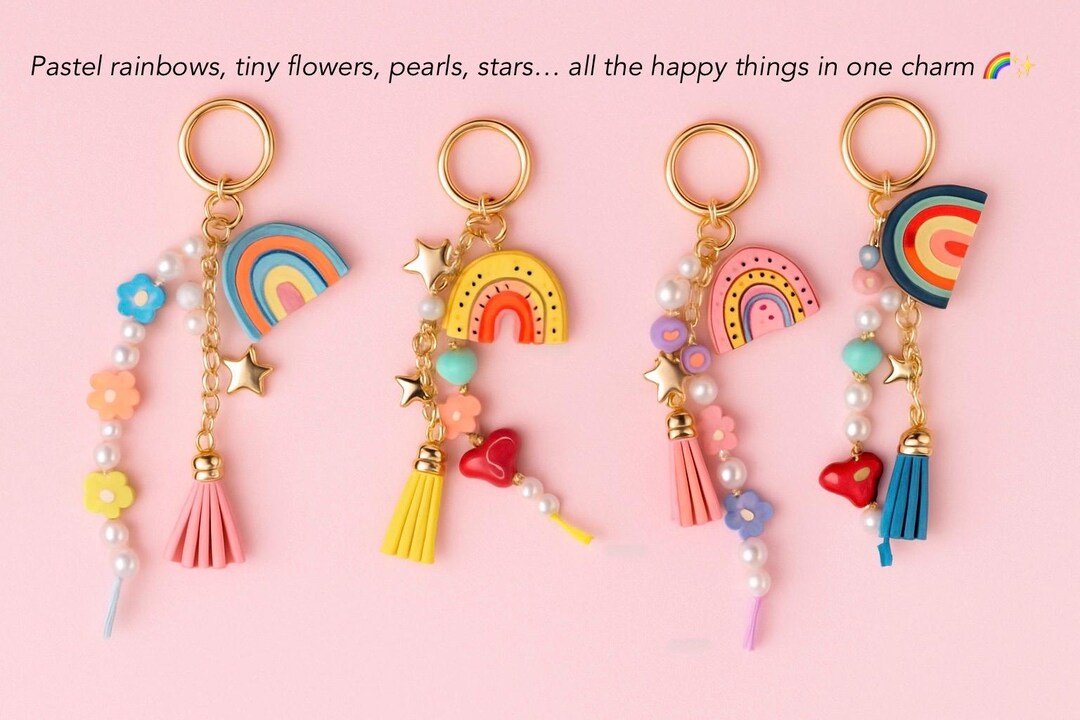 Rainbow Charm Keychain – Pastel Polymer Clay Tassel Keyring - Etsy