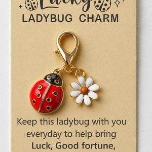 May include: A gold-coloured ladybug charm with a red body and black spots, alongside a white daisy charm. The charm is on a card with the words "Lucky Ladybug Charm". The card also includes text about luck and good fortune.