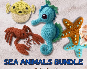 May include: A collection of four crocheted sea creatures: a yellow pufferfish, a blue seahorse, a red lobster, and a starfish. The starfish is orange with blue accents. The text "SEA ANIMALS BUNDLE 4 in 1 PDF PATTERN" is displayed below the creatures.