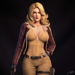 May include: A digital artwork of a woman with long blonde hair, wearing a tan jumpsuit, a brown jacket with a fur collar, and a black belt. She is holding a gun and has a serious expression.
