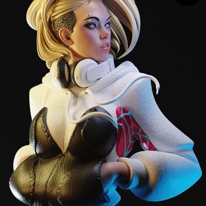 K&ouml;nnte beinhalten: Detaillierte Figur einer weiblichen Figur mit blonden Haaren, die einen wei&szlig;en Kapuzenpullover, ein schwarzes Oberteil und Kopfh&ouml;rer tr&auml;gt. Die Figur hat ein Piercing und ein stilisiertes Design mit einem rot-blauen spinnennetzartigen Muster am Arm. Der Hintergrund ist dunkel.