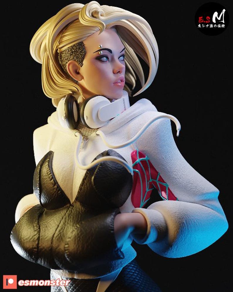 K&ouml;nnte beinhalten: Detaillierte Figur einer weiblichen Figur mit blonden Haaren, die einen wei&szlig;en Kapuzenpullover, ein schwarzes Oberteil und Kopfh&ouml;rer tr&auml;gt. Die Figur hat ein Piercing und ein stilisiertes Design mit einem rot-blauen spinnennetzartigen Muster am Arm. Der Hintergrund ist dunkel.