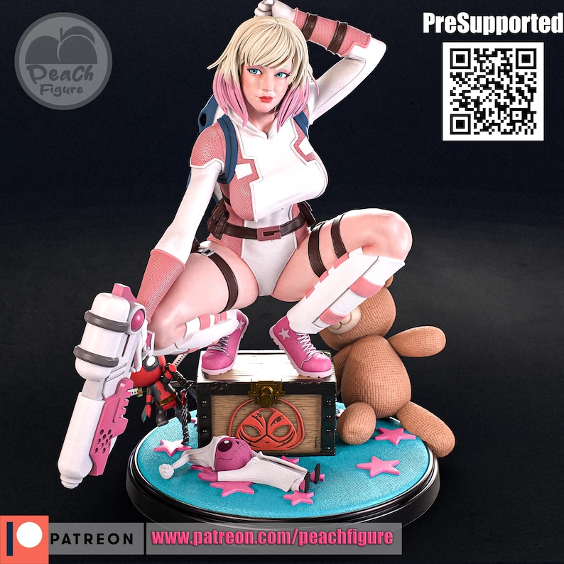 May include: A detailed figurine of a female character in a white and pink outfit, kneeling on a blue base with a teddy bear and other accessories. The figurine has blonde hair with pink highlights and is holding a pink and white weapon. The base has the text "PreSupported".