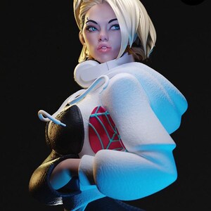 K&ouml;nnte beinhalten: Eine 3D-gerenderte Figur einer Frau mit blonden Haaren und blauen Augen, die eine wei&szlig;e Kapuzenjacke mit schwarzen Akzenten und einem rot-blauen Design tr&auml;gt. Die Figur hat ein Piercing &uuml;ber der Augenbraue. Das Bild enth&auml;lt den Text "esmonster".