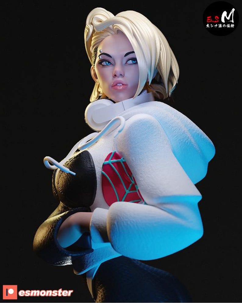 K&ouml;nnte beinhalten: Eine 3D-gerenderte Figur einer Frau mit blonden Haaren und blauen Augen, die eine wei&szlig;e Kapuzenjacke mit schwarzen Akzenten und einem rot-blauen Design tr&auml;gt. Die Figur hat ein Piercing &uuml;ber der Augenbraue. Das Bild enth&auml;lt den Text "esmonster".