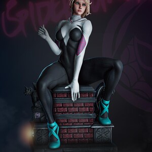 May include: A detailed statue of a female superhero in a black and white bodysuit with teal shoes. The figure is seated on a brick structure with a gargoyle. The background features the name "Spider-Gwen" in a purple graffiti style.