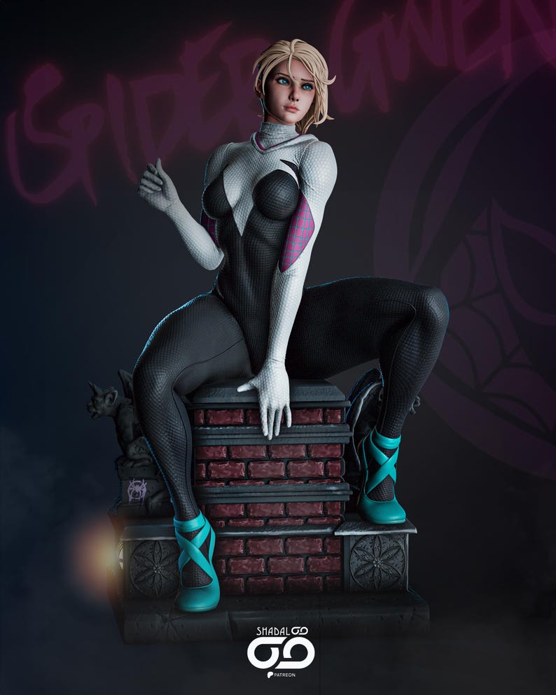 May include: A detailed statue of a female superhero in a black and white bodysuit with teal shoes. The figure is seated on a brick structure with a gargoyle. The background features the name "Spider-Gwen" in a purple graffiti style.