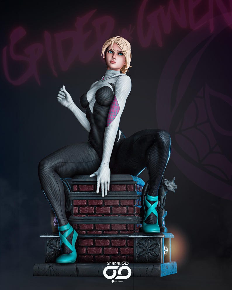 May include: A detailed figurine of Spider-Gwen in a dynamic pose, wearing a black and white suit with pink accents. She is seated on a brick structure, with teal shoes. The background is dark with the words "Spider-Gwen" in purple.