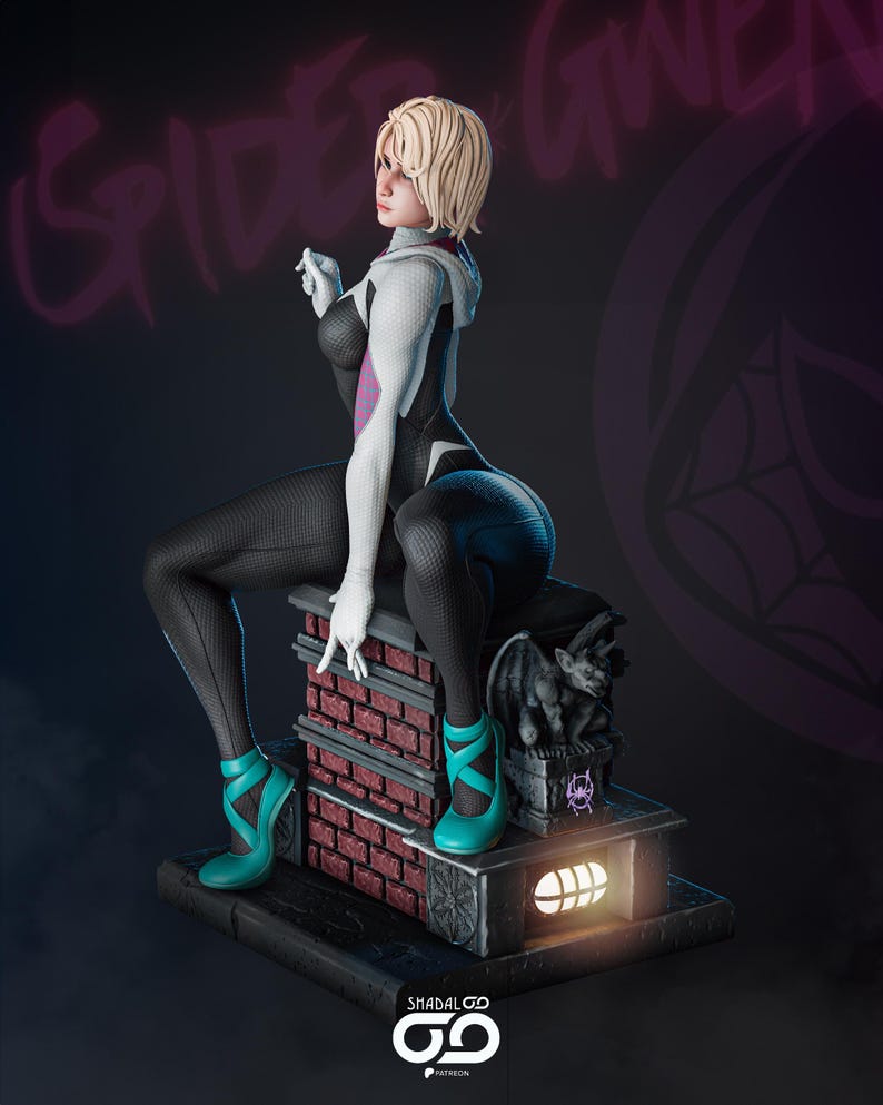 May include: A detailed figurine of a character in a black, white, and purple bodysuit, seated on a brick structure. The figure has blonde hair and teal high heels. The background features the words "SPIDER GWEN" in a purple graffiti style.
