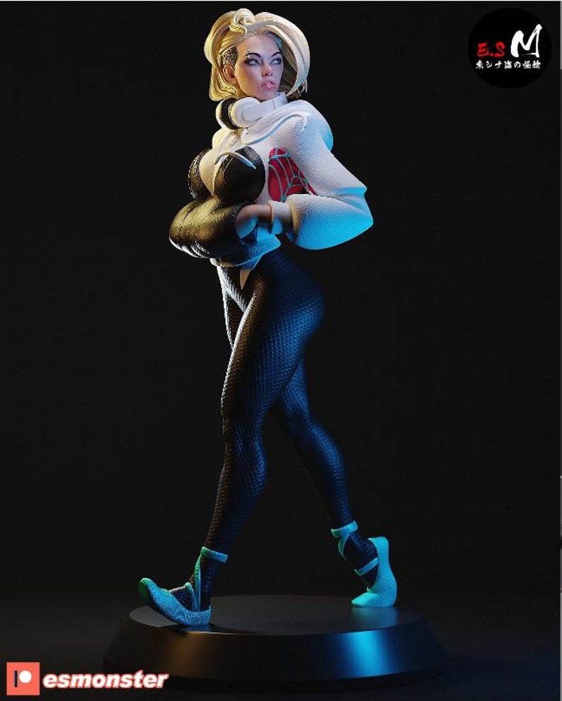 K&ouml;nnte beinhalten: Detaillierte Figur einer weiblichen Figur in dynamischer Pose. Sie tr&auml;gt einen wei&szlig;en Kapuzenpullover mit roten Akzenten, schwarze Leggings und t&uuml;rkisfarbene Schuhe. Ihr blondes Haar ist mit einem Seitenscheitel gestylt. Die Figur steht auf einer schwarzen Basis.