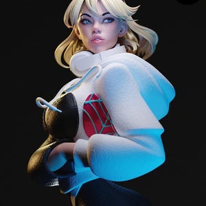 K&ouml;nnte beinhalten: Detaillierte Figur einer Figur mit blonden Haaren, blauen Augen und einem wei&szlig;en Kapuzenpullover. Die Figur hat ein schwarz-wei&szlig;es Outfit mit einem rot-wei&szlig;en Design auf der Brust. Die Figur ist vor einem dunklen Hintergrund platziert. Das Logo "esmonster" ist sichtbar.