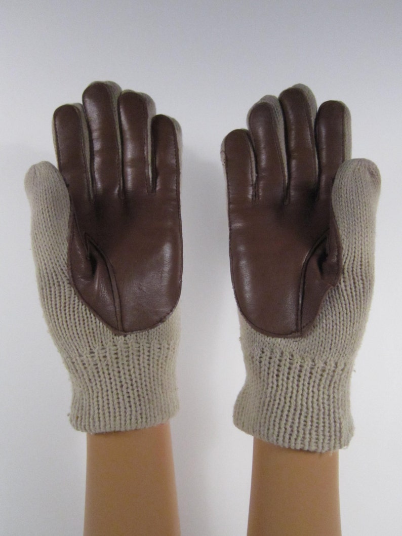 61/2Vintage Tan Knit Gloves w/leather palms & back 8 Etsy