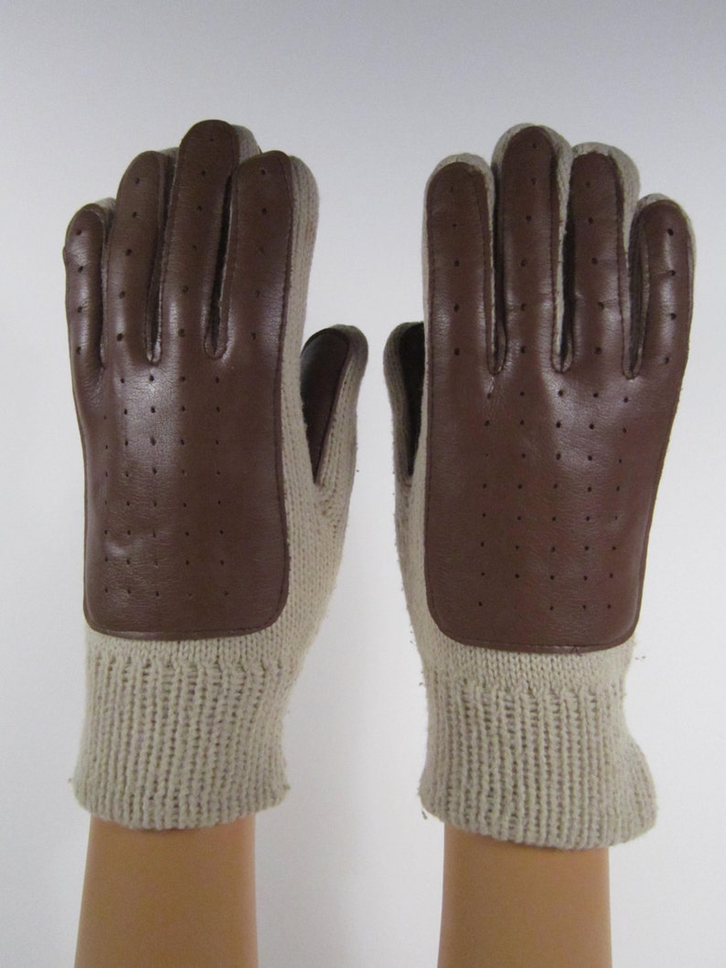 61/2Vintage Tan Knit Gloves w/leather palms & back 8 Etsy