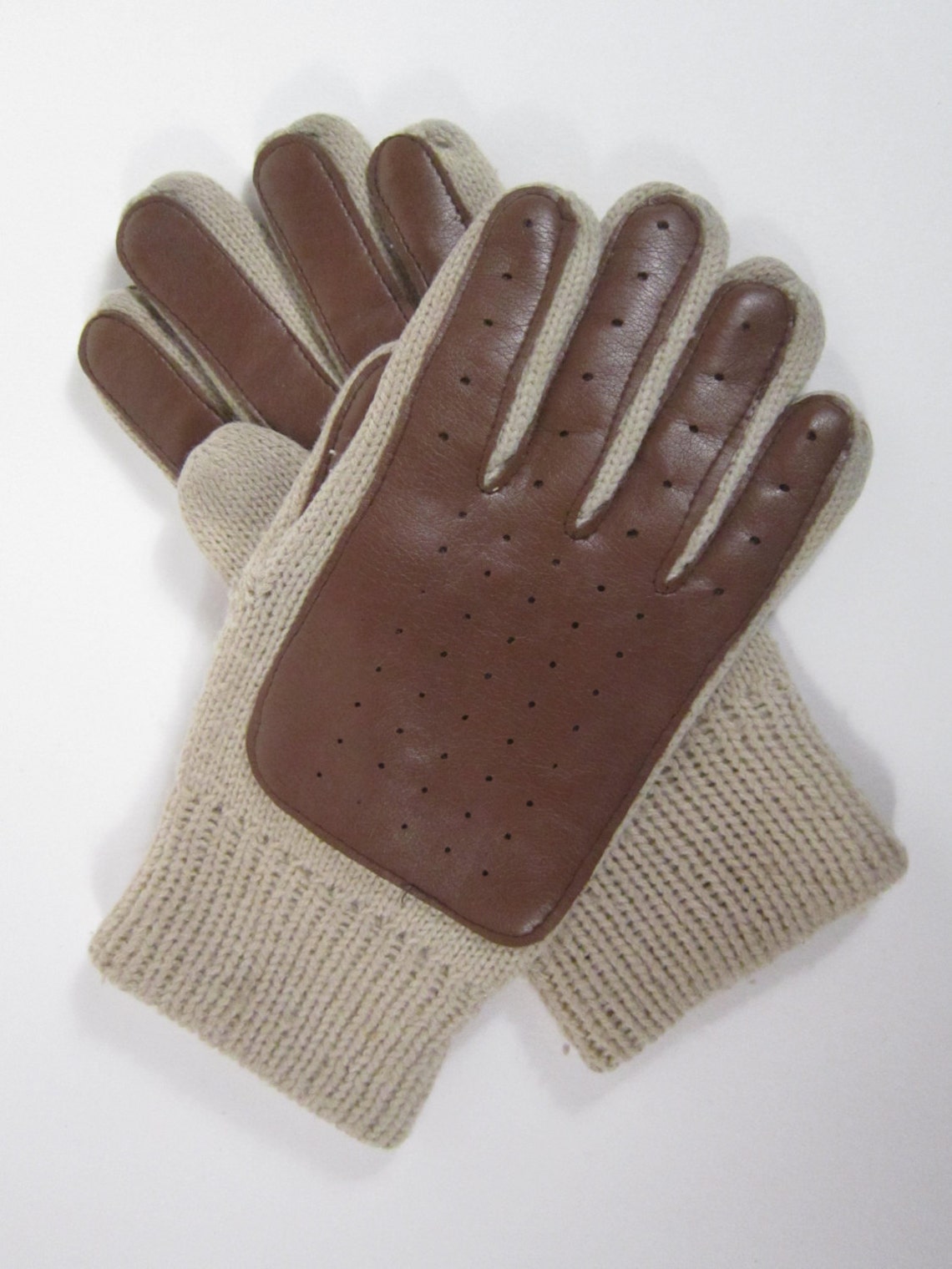 61/2Vintage Tan Knit Gloves w/leather palms & back 8 Etsy