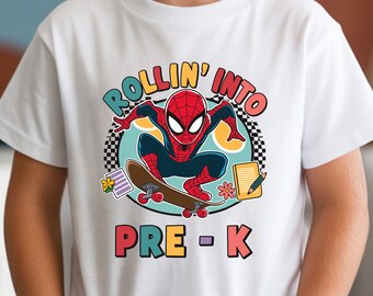 Rollin' Into Pre-K T-Shirt, Spiderman Kids School Tee, Spider Boy Back To School Sweatshirt, Disney Preschool Outfit, Pixar Super Hero Kids