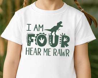 Dinosaur 4th Birthday T-Shirt: I Am Four Hear Me Rawr