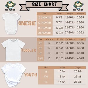The image is a size chart for children's clothing, including a white onesie, a toddler t-shirt, and a youth t-shirt. The chart provides size and weight information for each clothing item, along with corresponding chest and waist measurements.