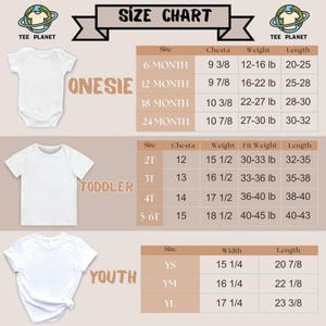 The image is a size chart for children's clothing, including a white onesie, a toddler t-shirt, and a youth t-shirt. The chart provides size information for different age groups, such as 6 months, 12 months, 18 months, 24 months, and 5-6 years old.