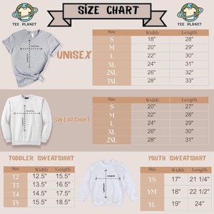 The image is a size chart for T-shirts, displaying the measurements for different age groups and sizes. It includes a gray T-shirt, a white sweatshirt, and a toddler sweatshirt, along with their corresponding widths and lengths.