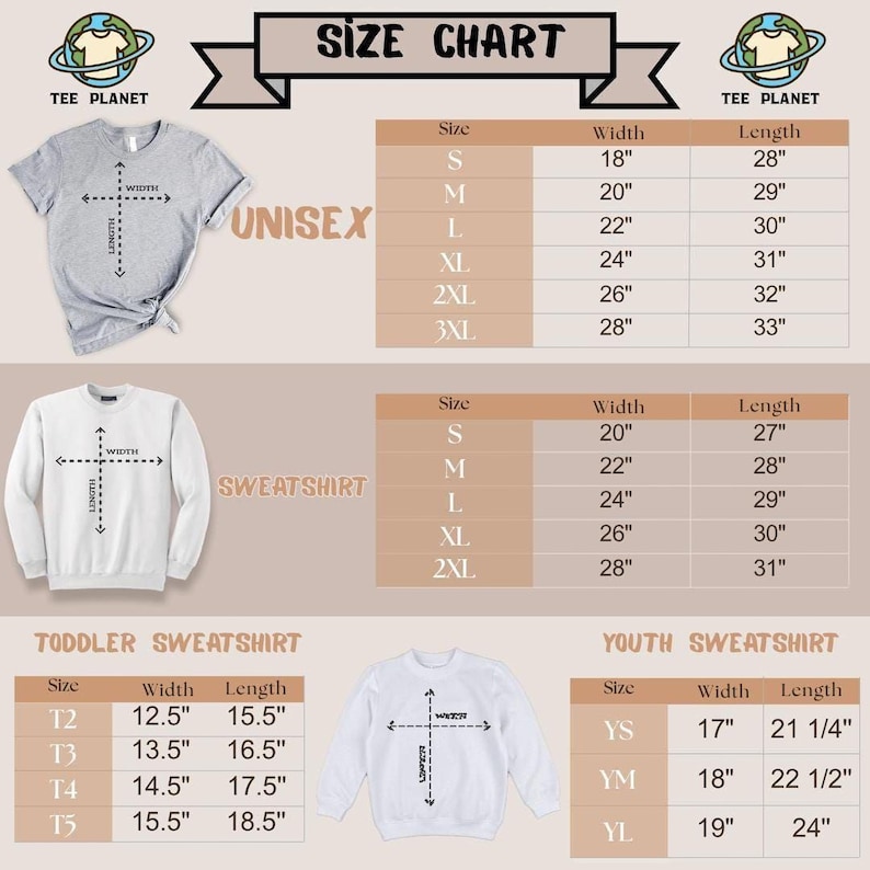 The image is a size chart for T-shirts, displaying the measurements for different age groups and sizes. It includes a gray T-shirt, a white sweatshirt, and a toddler sweatshirt, along with their corresponding widths and lengths.
