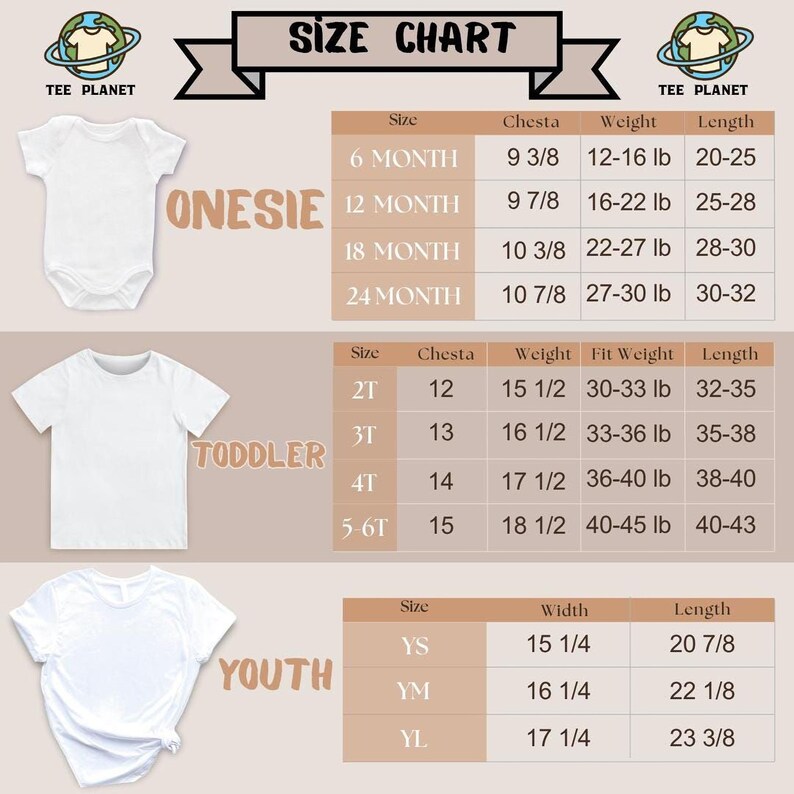 The image is a size chart for children's clothing, including a white onesie, a toddler t-shirt, and a youth t-shirt. The chart provides size and weight information for each clothing item, along with corresponding chest and waist measurements.